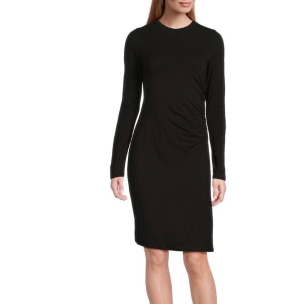 Vince Black Long Sleeve Ruched Side Sheath Dress Size L Rayon Spandex Knit
